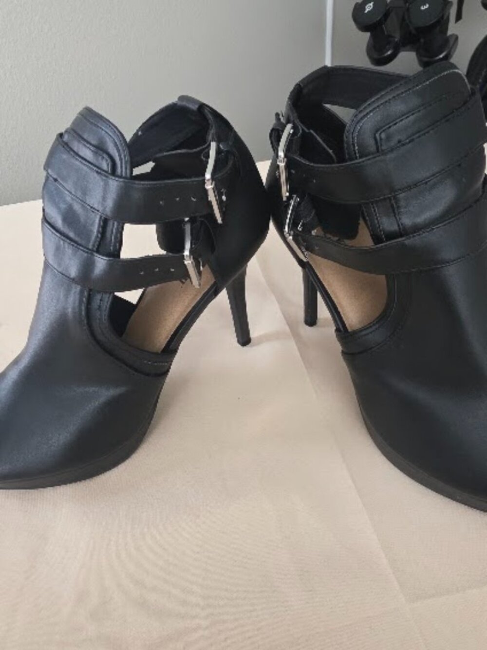 Brash Black Peep Toe Buckle Strap Stiletto Ankle Booties